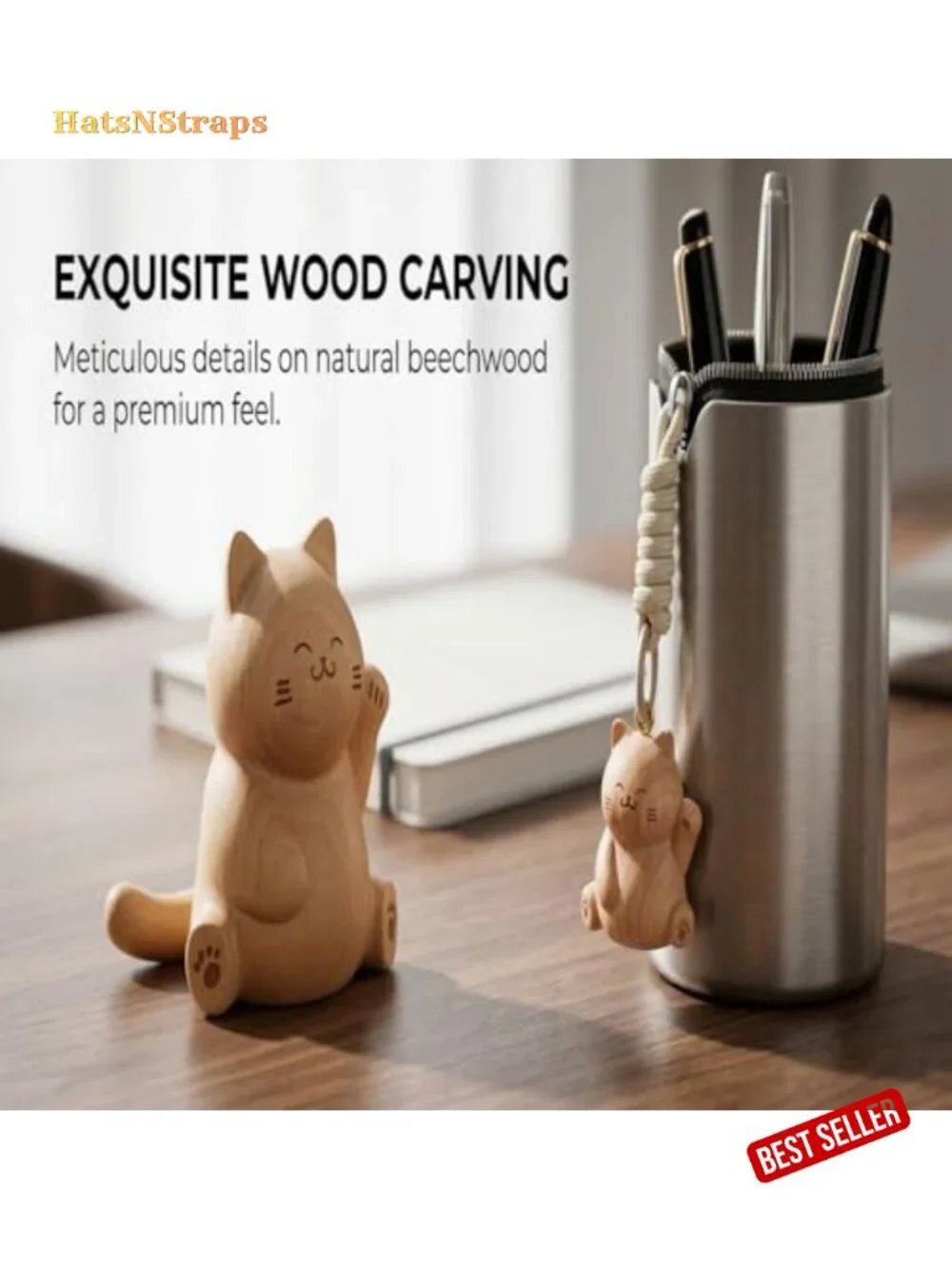 Hand-Carved Wood Cat Keychain Bag Charm Solid Beech Wood Pendant Gift